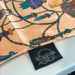 St. John Peach Silk Scarf with Teal and Purple Rope Motif